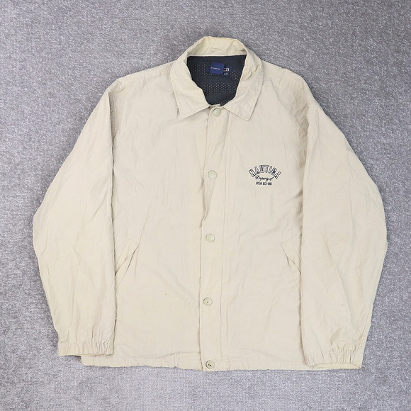VTG 90s Nautica Snap Large Beige Long Sleeve Collared Windbreaker Jacket - Picture 1 of 15